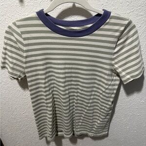Madewell Olive and Cream Striped Tee with Navy Trim